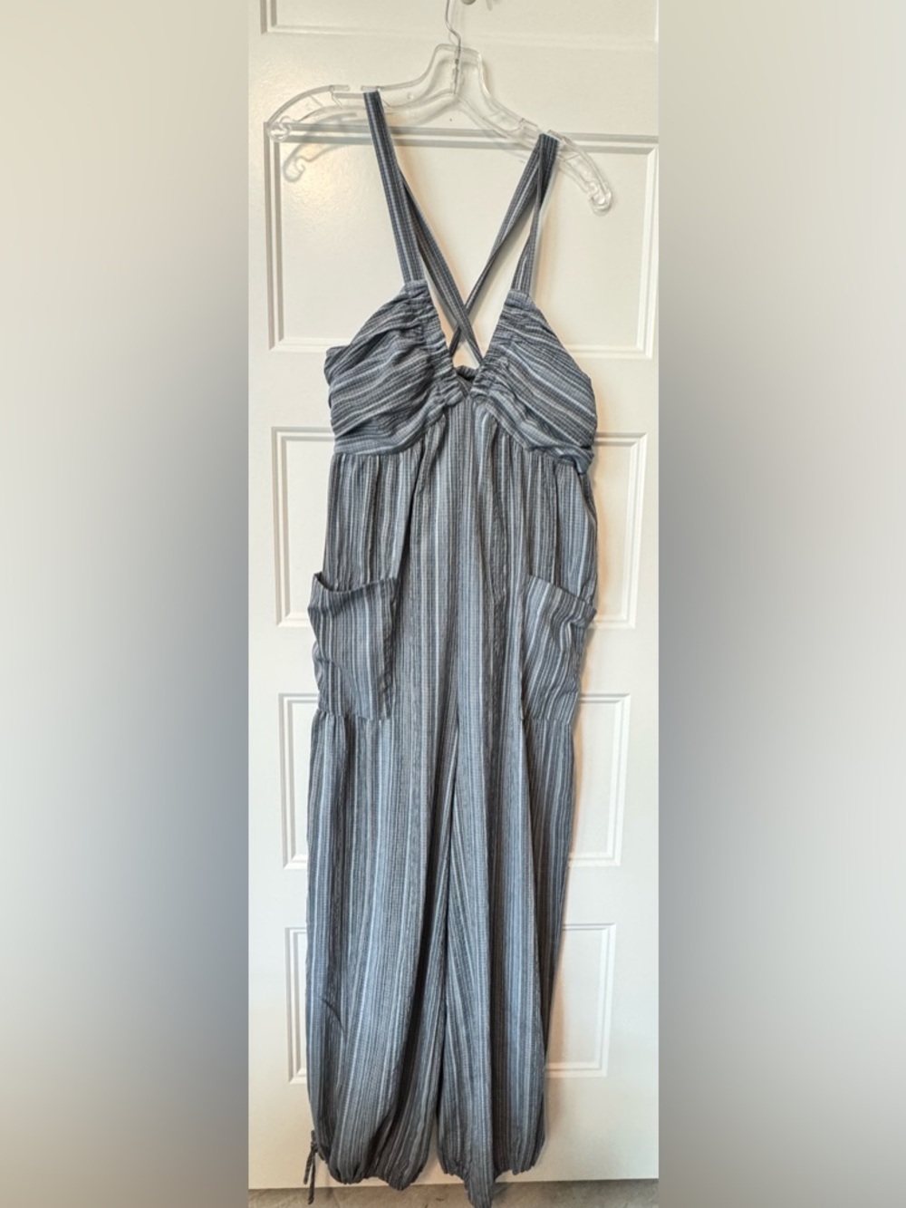 Klesis Women’s Plaid Wide Leg Jumpsuit Blue Gray Tie Back Boho Cottagecore M